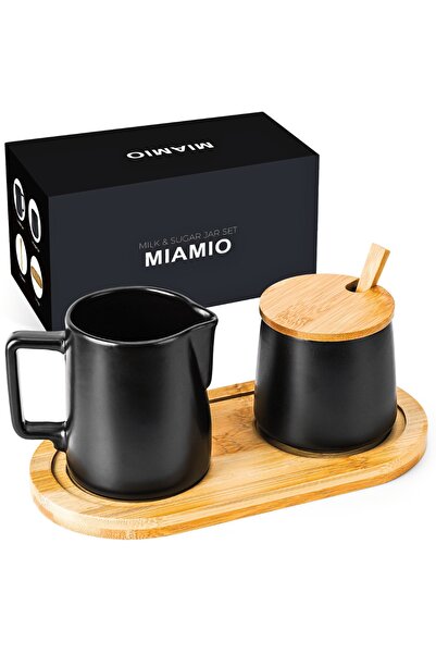 MIAMIO Sugar bowl 200ml with lid and spoon and milk jug 240ml set with coffee serving tray, ceramic, black