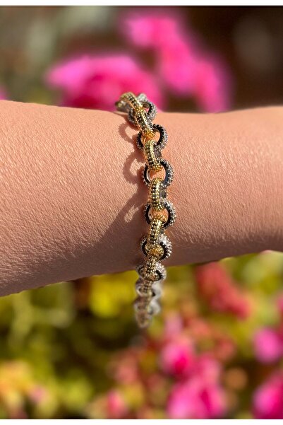 H&S AKSESUAR Round Interlocking Gold Shiny Stone Zircon Steel Bracelet