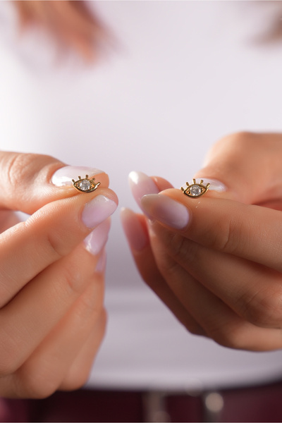 SUNSHINE 925 Ayar Gümüş , Gold Kaplamalı Tek Taşlı Göz Model Küpe