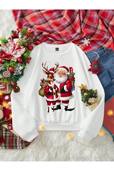 OVER HEAD سويت شيرت نسائي من Geyikli Santa Claus مطبوع برقبة دائرية