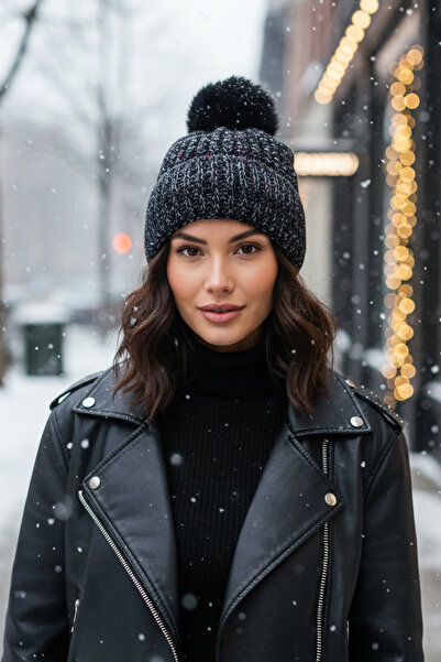 Kapin Ponponlu Örgü Yün Bere İçi Polarlı - Füme