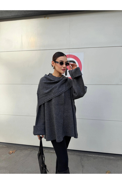 Lusin Women's Gray Shawl Detailed Transitional Winter Premium Knitwear Jacket