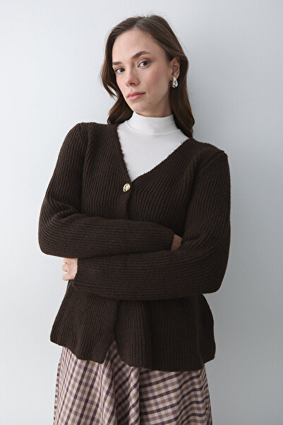 Laluvia Brown 3 Button Pleated Cardigan - 251065