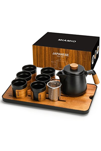 MIAMIO Japanese Teapot Set with 6x100ml Ceramic Cups, with stainless steel infuser, ceramic, black