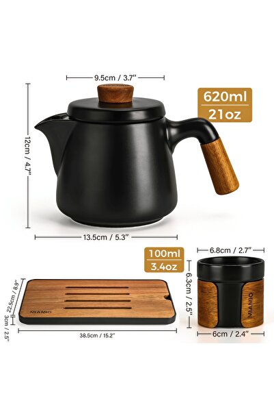 MIAMIO Japanese Teapot Set with 6x100ml Ceramic Cups, with stainless steel infuser, ceramic, black