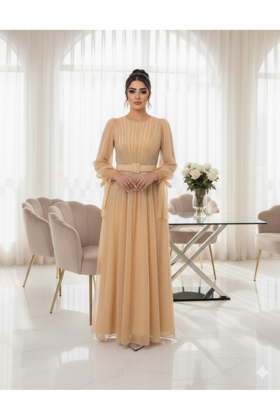 Robes Yeni Sezon Taş İşlemeli Tül Uzun Abiye Elbise / Beli Kemerli Balon Kol ...