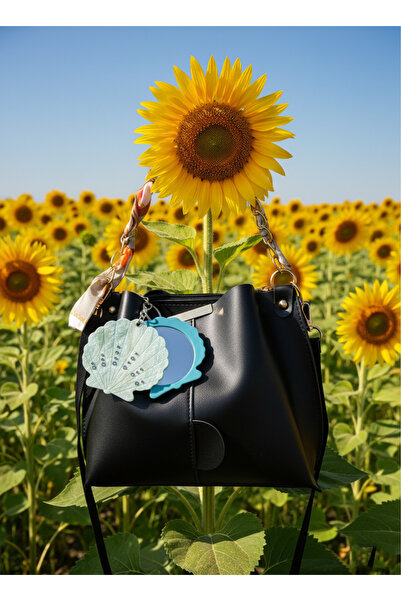 Livenda Shop Black Handbag and Shoulder Bag with Scarf, Chain Strap, Seashell Figured Mirrored Keychain Gift