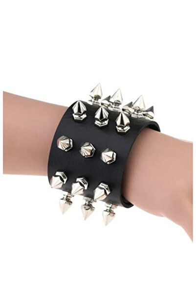 Köstebek Black Gothic 3-Stripes Spiked Detailed Leather Bracelet