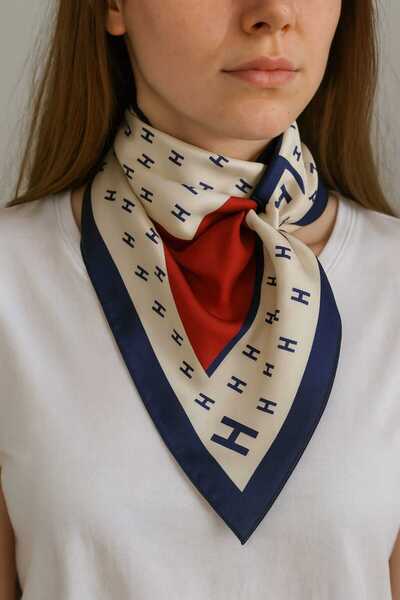 bahia butik aksesuar Kadın Kırmızı Lacivert Desenli Trend Fular 70*70