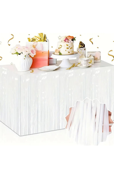 Beyaz Metalize Püsküllü Masa Kenarı Eteği Parti Kutlama Doğum Günü İçin Masa Süsü