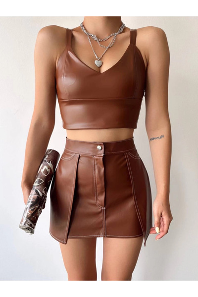 ZENGEZUR MALL Mtxdpn Contrast Leather Skirt Brown W260015 (232521) (Size: S)