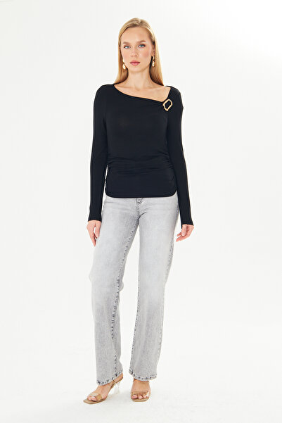 ParlaMira Women's Black Asymmetrical Collar Gold Buckle Blouse