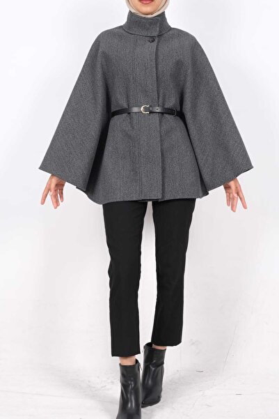 moda caddesi Mock Neck Kaşe Poncho with Belt Detail