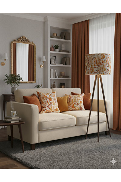 Otay Ev Dekorasyon El Yapımı Sonbahar Yaprak Desenli Kumaş Tripod Ayaklı Lambader