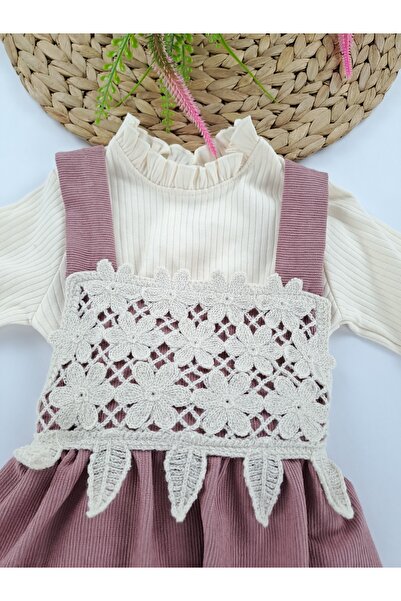 Butik Girl's Baby Salopet Velvet Fabric Dress Bodysuit Two-Piece Set Lace Braided Premium Quality