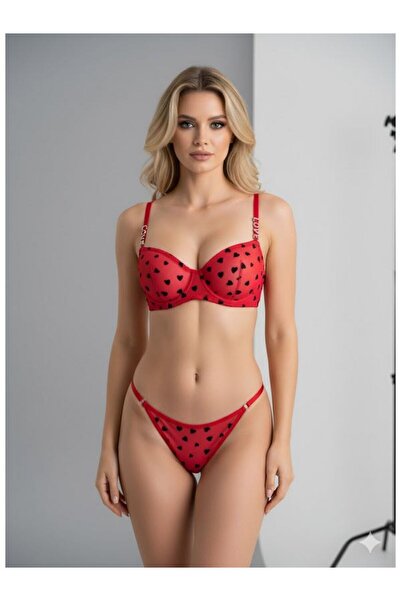 Zemella Siyah Kalp Desenli, Işıltılı "LOVE" Aksesuarlı Balenli Tül Sütyen Takımı