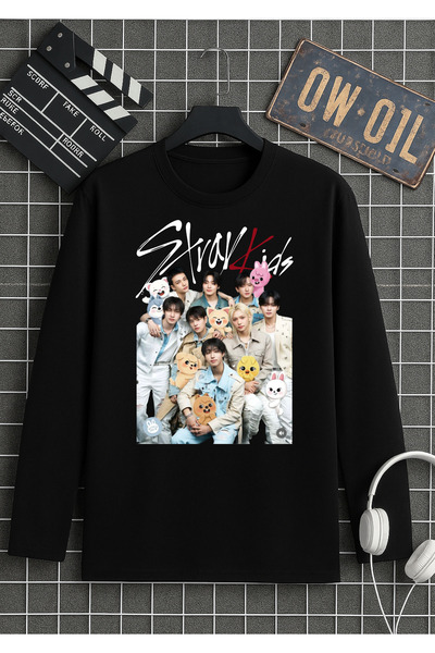 RYO FASHİON Tricou negru cu mânecă lungă Stray Kids SIGNAT, NO EASY B cu impr...