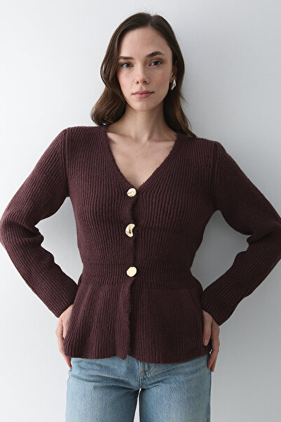 Laluvia Burgundy 3 Button Pleated Cardigan - 251065