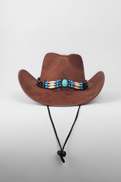 Kapin Kovboy Boncuk Kemer Detaylı Taş Figürlü Fötr Şapka - Kahve
