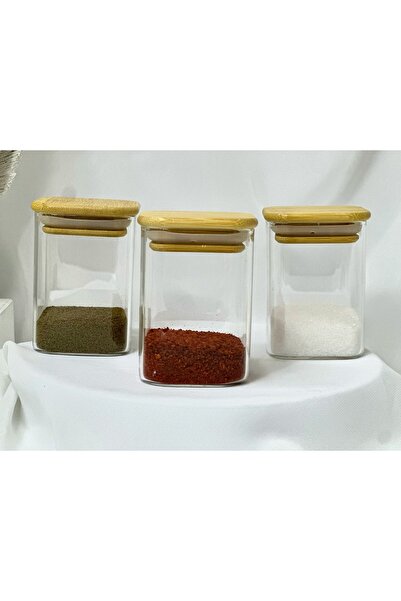aden glass Bambu Kare Kapak Vakumlu Baharatlık Çok Amaçlı Kavanoz 3 Lü Set 21...