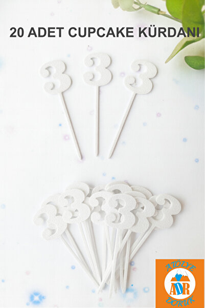 Atolye Doruk White Number 3 Cupcake Picks - Baby 3 Year Old Birthday Cake Decoration Supplies