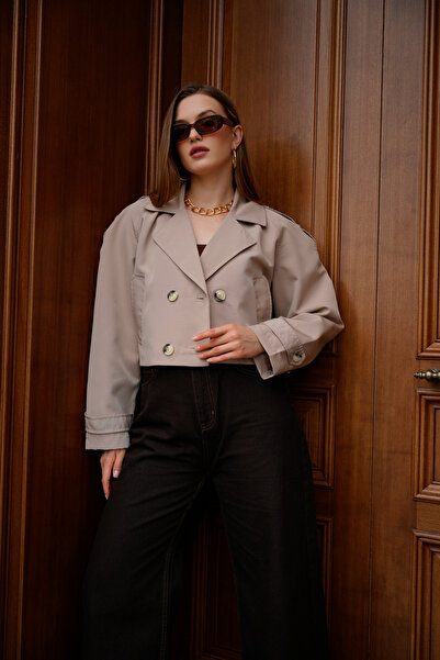 ASEDE Trendy Trench Short Jacket with Shoulder Sleeve Detail, Double-Breasted Collar and Button Closure