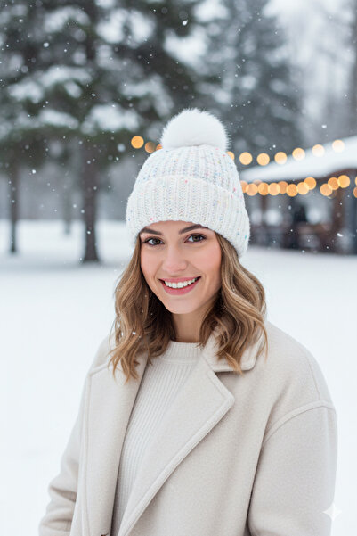 Kapin Ponponlu Örgü Yün Bere İçi Polarlı - Beyaz