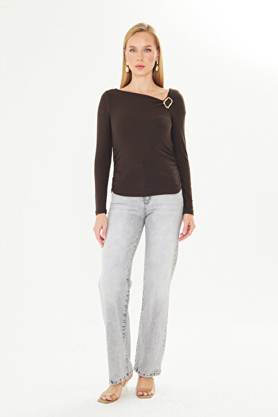 let s shine Asymmetrical Collar Gold Buckle Blouse