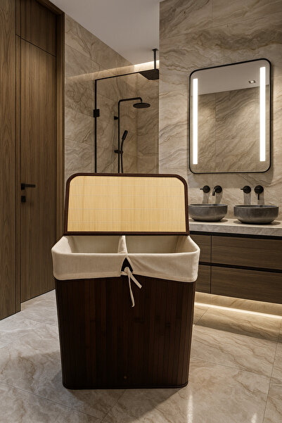 Tuğrastore Bambu Çamaşır Kirli Sepeti 52X32X60 Beyazlar/renkliler Ayrı BÖLMELI-100 Lt Büyük Boy