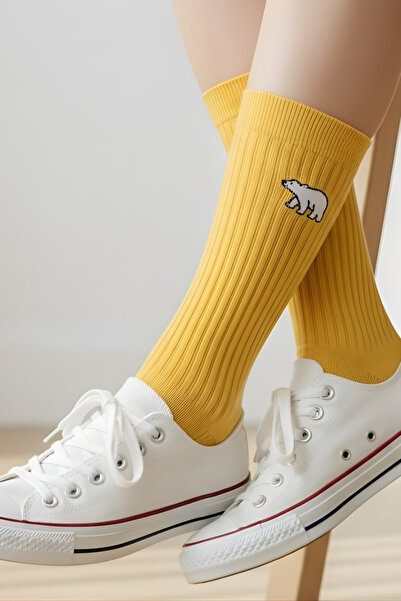 AYDK Yellow Teddy Bear Embroidered Long Socks |   Corded Fabric Ribana Soket Tennis Cotton Sports Socks