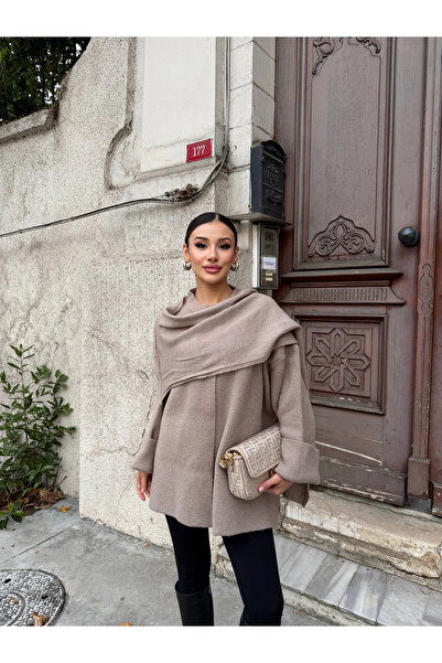 Lusin Women's Beige Shawl Detailed Transitional Winter Premium Knitwear Jacket