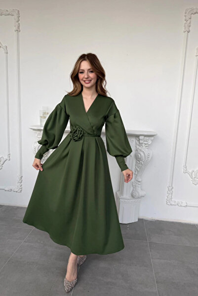 HELİS BUTİK Rosa Green Rose Belt Detailed Scuba Maxi Length Dress