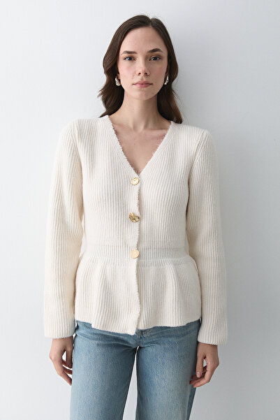 Laluvia Cream 3 Button Pleated Cardigan - 251065