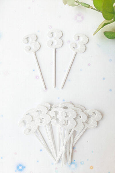 Atolye Doruk White Number 3 Cupcake Picks - Baby 3 Year Old Birthday Cake Decoration Supplies