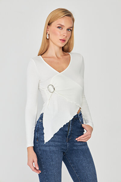 ParlaMira Women's Ecru Buckled Double-Breasted Collar Blouse