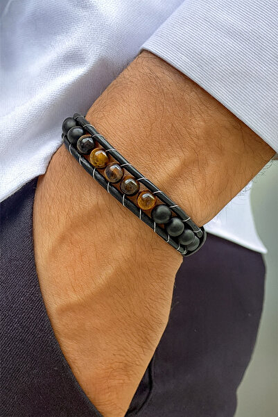 TREND COLLECTİON سوار جلدي للرجال من حجر عين النمر – تصميم حجر أسود غير لامع ...