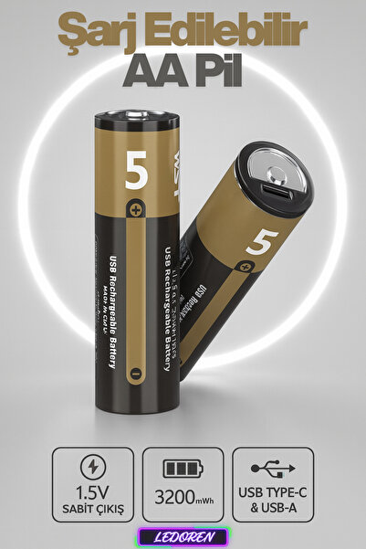 L'eDoren USB Type-C Şarjlı AA Pil 1.5V | 1000+ Kez Şarj Edilebilir Lityum Pil...