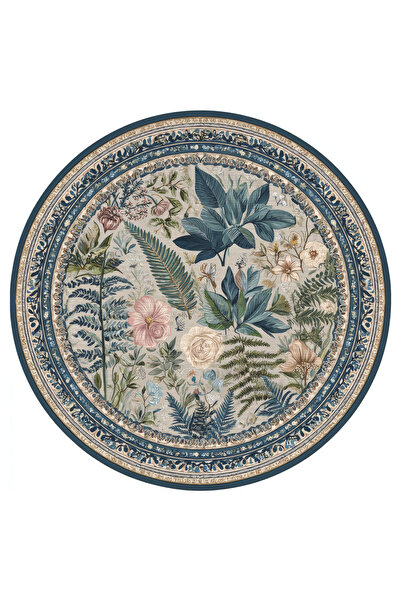 Arteluna Home Como 05 Botanik Desenli Yuvarlak Bej Mavi İnce Dokuma Taban Yık...