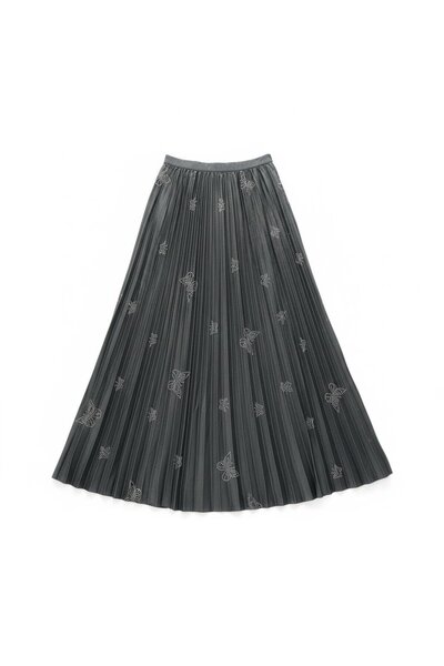 EREN STYLE Leather-Look Butterfly and Stone Detailed Pleated Cotton Woven Viscose 4 Season Skirt (95 cm)-(38-50)