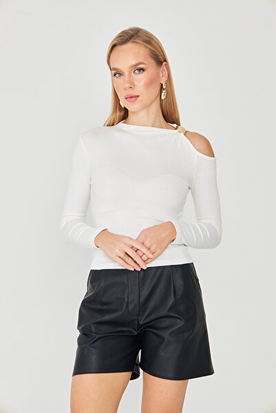 ParlaMira Women's One Shoulder Buckle Detailed Asymmetrical Long Sleeve Blouse