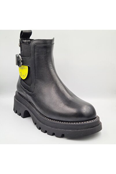 Mammamia D25Kb-4185 Black Genuine Leather Thick Heeled (5cm) Zippered Women's Boots