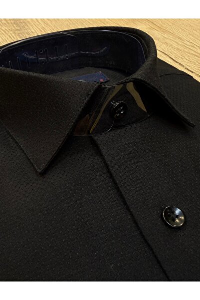 SAVARA Men's Slimfit Black Self-Printed Pocketless Shirt Dobby Woven