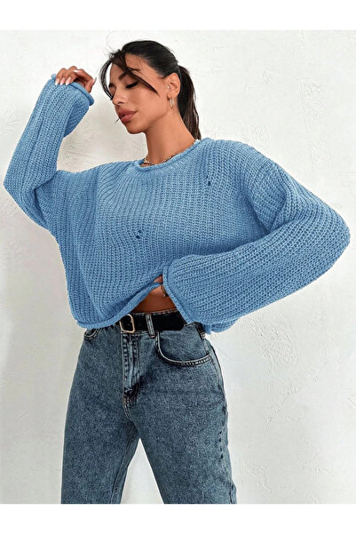 ZENGEZUR MALL Mtxdpn Casual Hole Detailed Sweater Blue (235932) (Size: Standard)