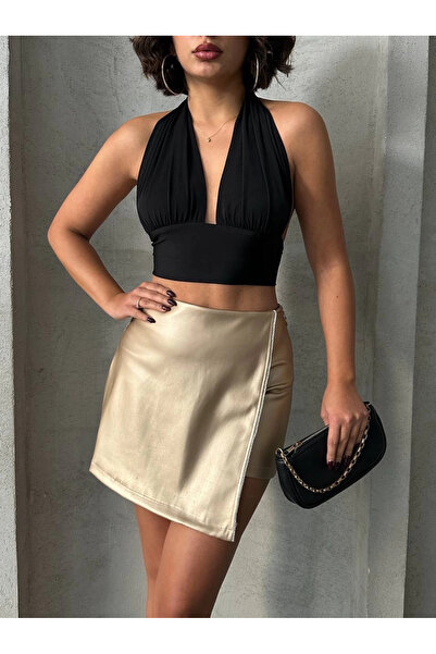ZENGEZUR MALL Mtxdpn Stoned Short Skirt Leather Gold H240018 (235739) (Size: S)