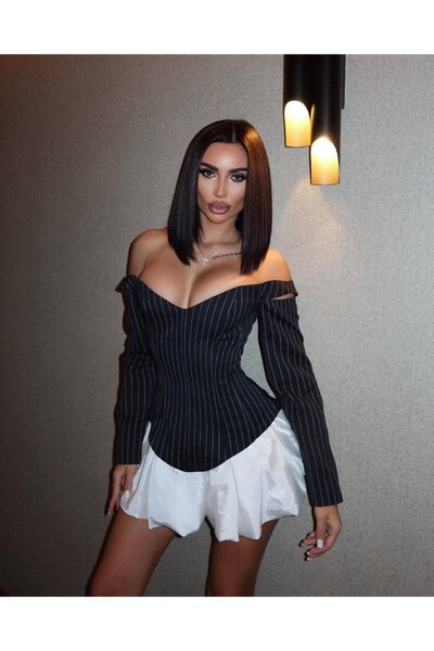 Estilo Diora Çizgili Çift Kat Kumaş Korse Büstiyer & Jessica Balon Etek Takımı