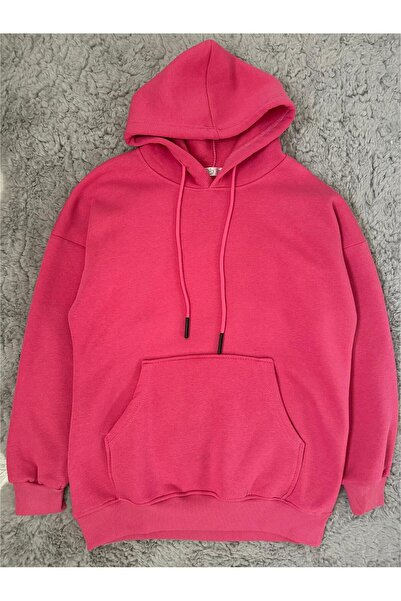 sinaan Women's Oversized Hooded Three Thread Winter Dark Pink Sweatshirt