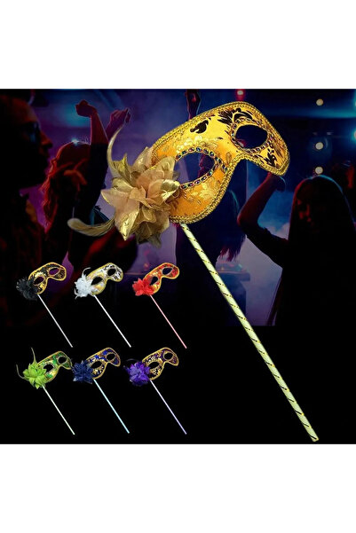 HarmonyAura Luxury Stone Handled Masquerade Mask White Color 35 cm