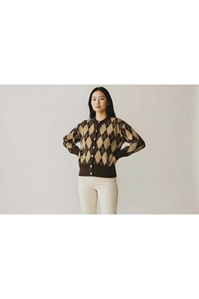 EREN STYLE Fleece-Lined Cotton Baklava Pattern Cardigan (Size 38-48)
