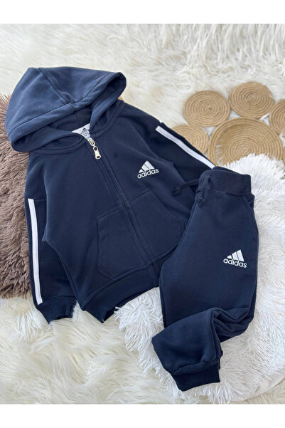 Kidmark Çocuk Modası Boy's Striped Zippered Navy Blue Suit