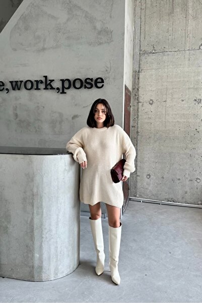 Auroveen Υπερμεγέθη πλεκτό πουλόβερ Σελανίκ με λαιμόκοψη ποδηλάτου, μίνι φόρε...